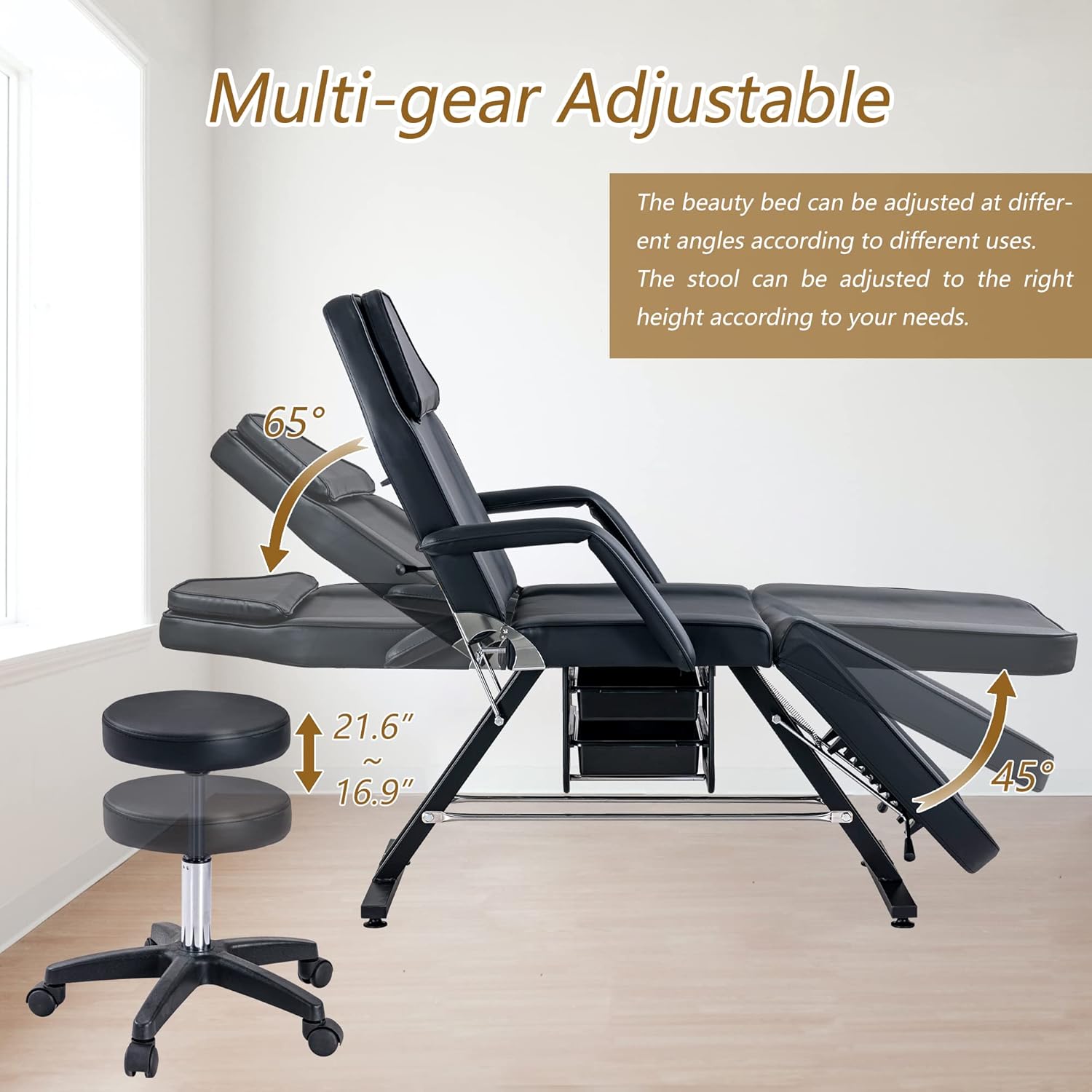 Cama de masaje de salón con taburete, Silla de mesa de masaje facial de spa de belleza de 73 pulgadas, sillas de tatuaje ajustables de 3 secciones,