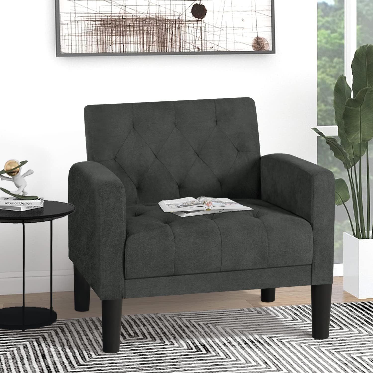 VAMEPOLE Silla decorativa, cómoda silla de sala de estar, acogedora silla decorativa copetuda moderna de mediados de siglo, silla tapizada con brazo
