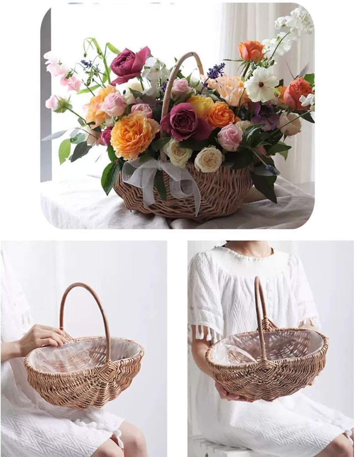 SLDHFE Cesta de flores tejida a mano con forma ovalada de ratán con asa e inserto de plástico, cestas de almacenamiento decorativas para decoración