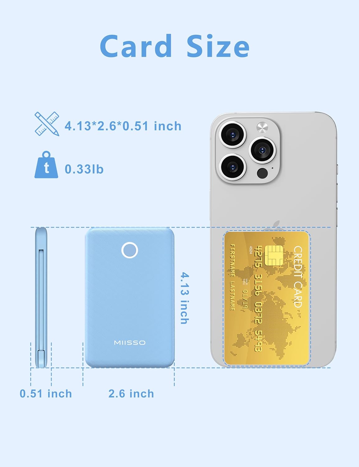 Banco de energía ultra delgado de 6000 mAh, batería externa de 3 salidas compatible con iPhone, Samsung, Google, color azul