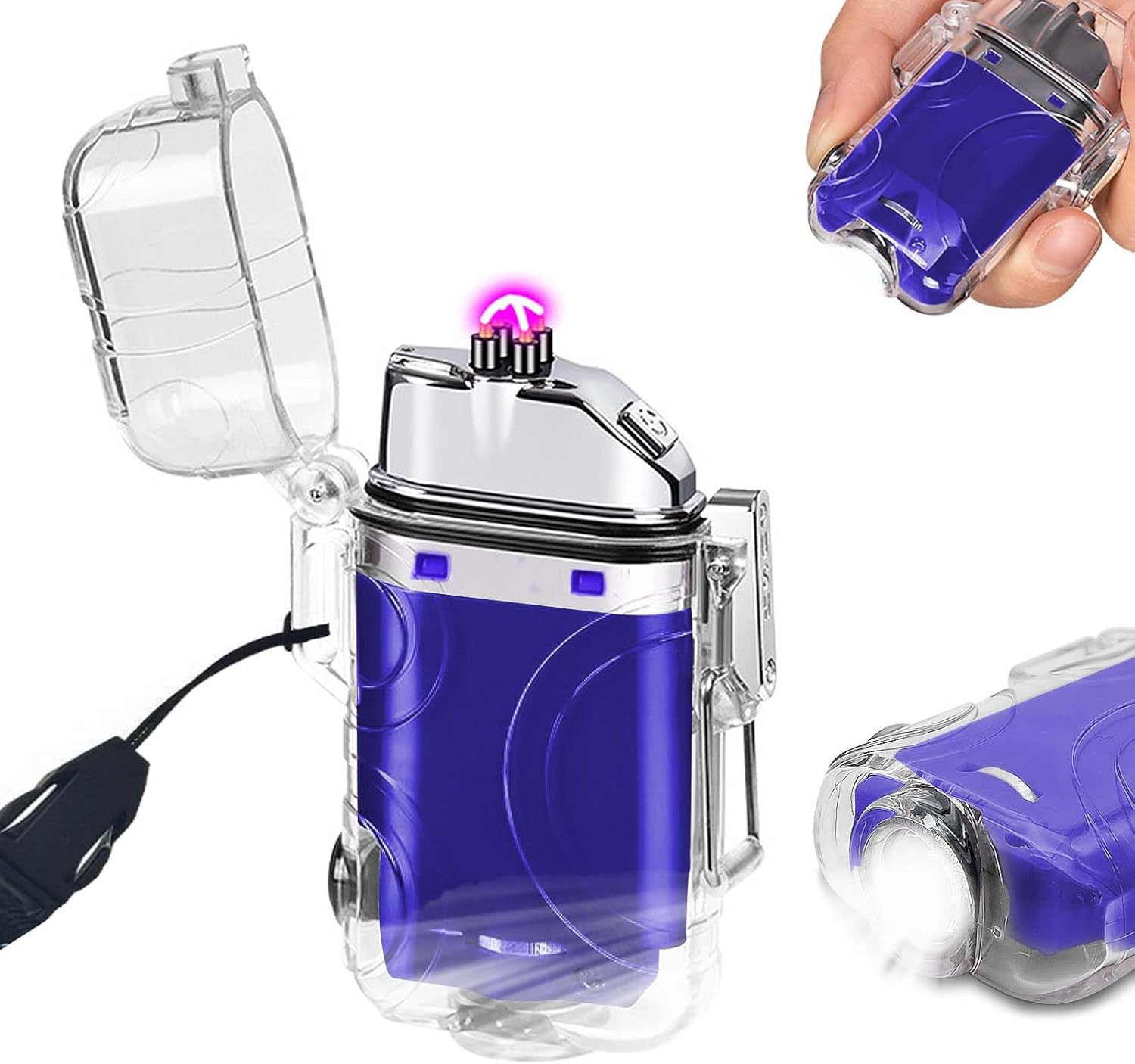 SKRFIRE Encendedor eléctrico transparente, impermeable, encendedor de doble arco con linterna LED, encendedor a prueba de viento, encendedor USB