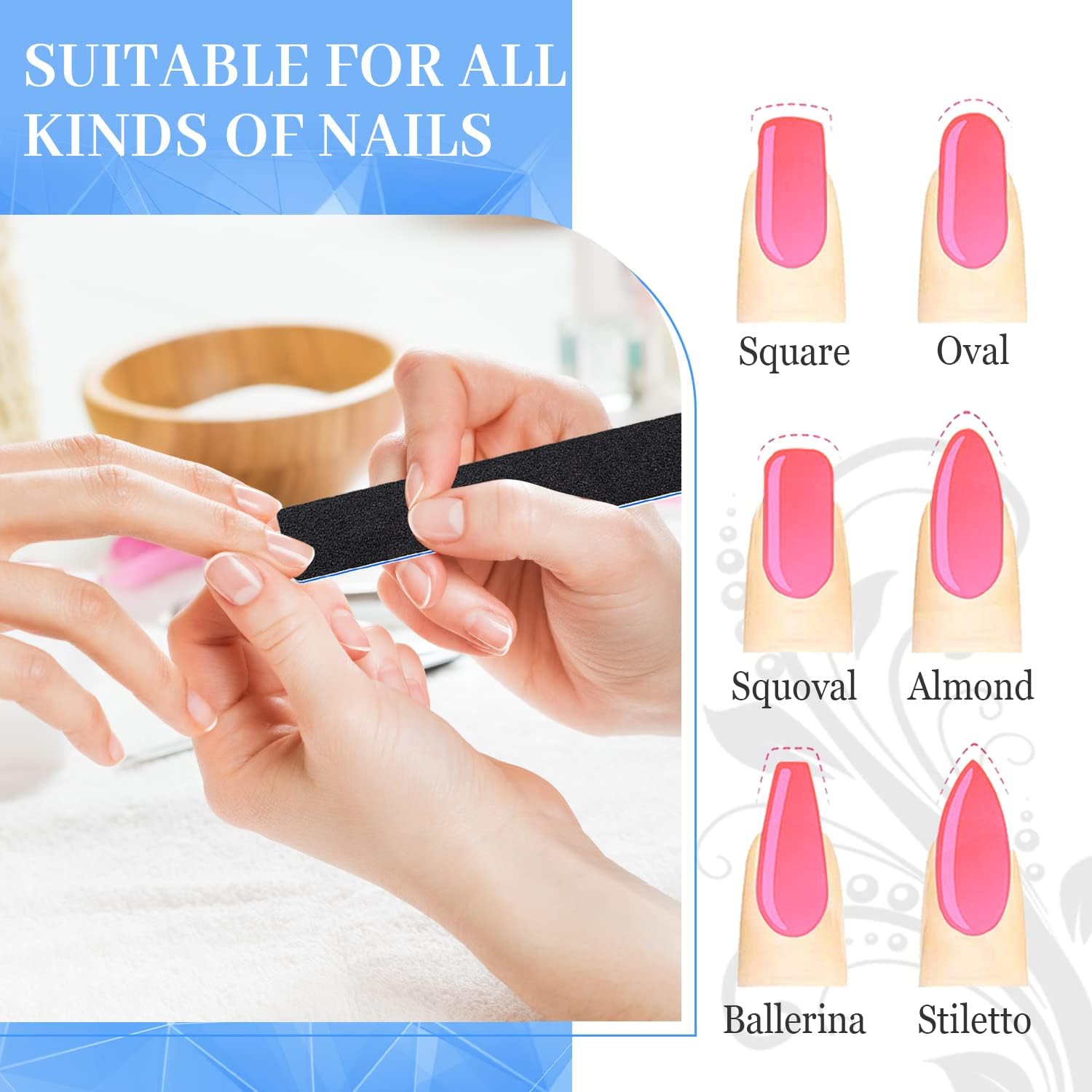 BLESWIN Lima de uñas rectangular de grano 100180, 25 limas de uñas para uñas acrílicas y de gel, limas de uñas profesionales a granel, lima de uñas