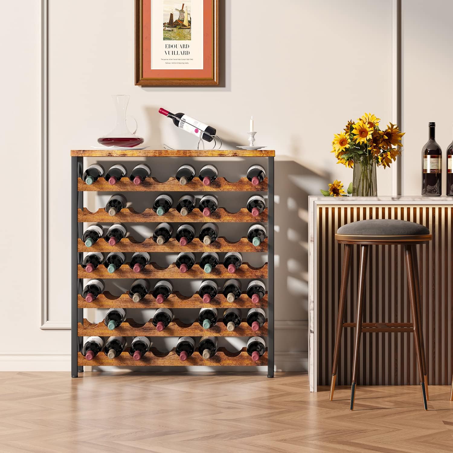 Homeiju Estante de vino independiente para 56 botellas, estante de almacenamiento de madera para vino, estante apilable para botellas de vino con