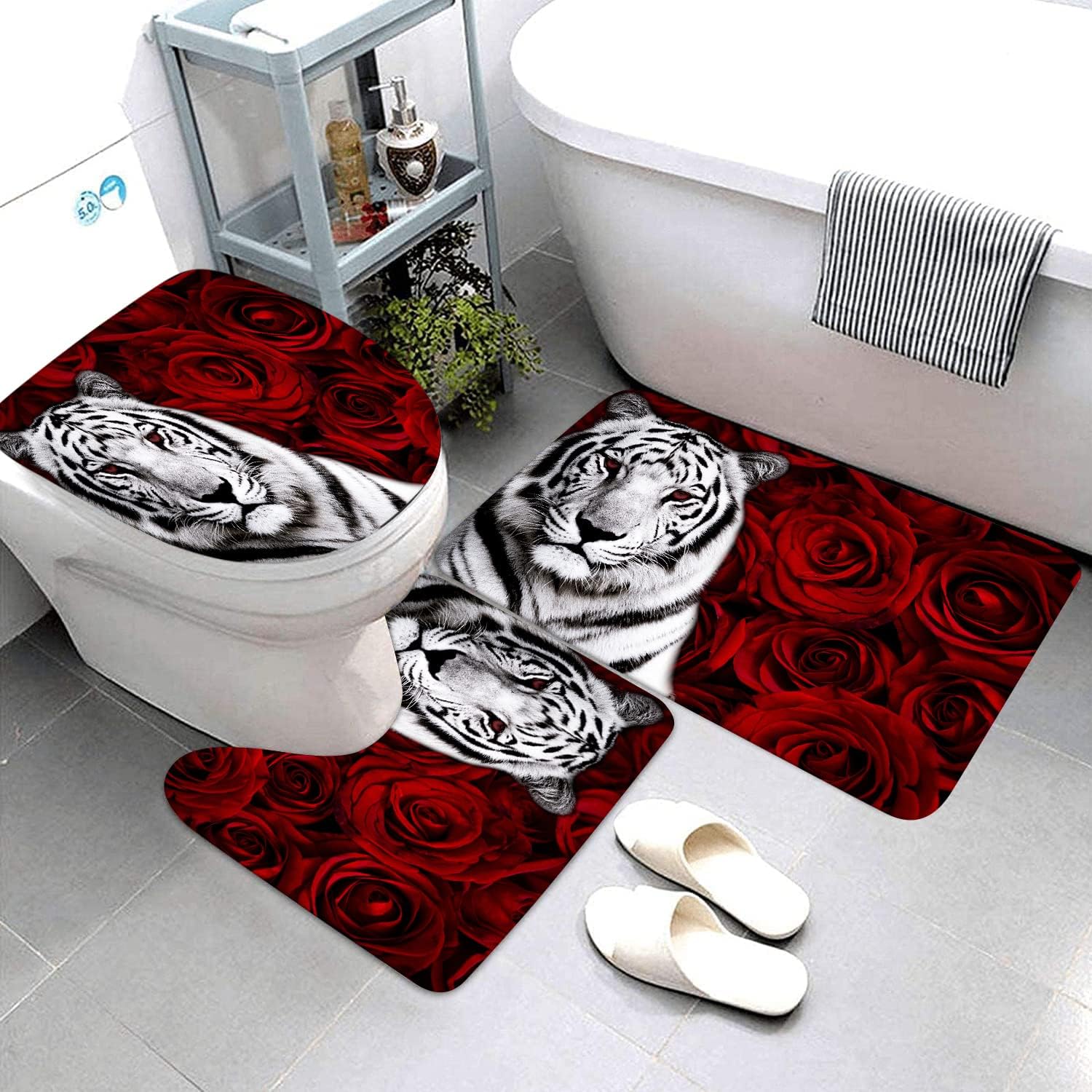 XVWJ Juego de cortinas de ducha de tigre rosa roja con alfombras, cubierta de tapa de inodoro y tapete de baño, cortina de ducha suave con ganchos,