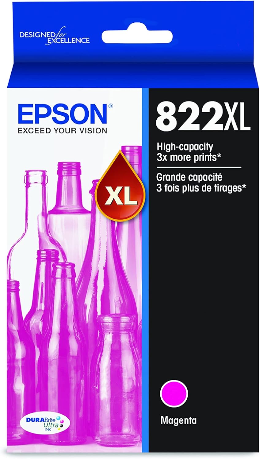 Epson T822 DURABrite Ultra Ink Cartucho cian de alta capacidad (T822XL220-S) para impresoras Workforce Pro seleccionadas y cartucho magenta de alta