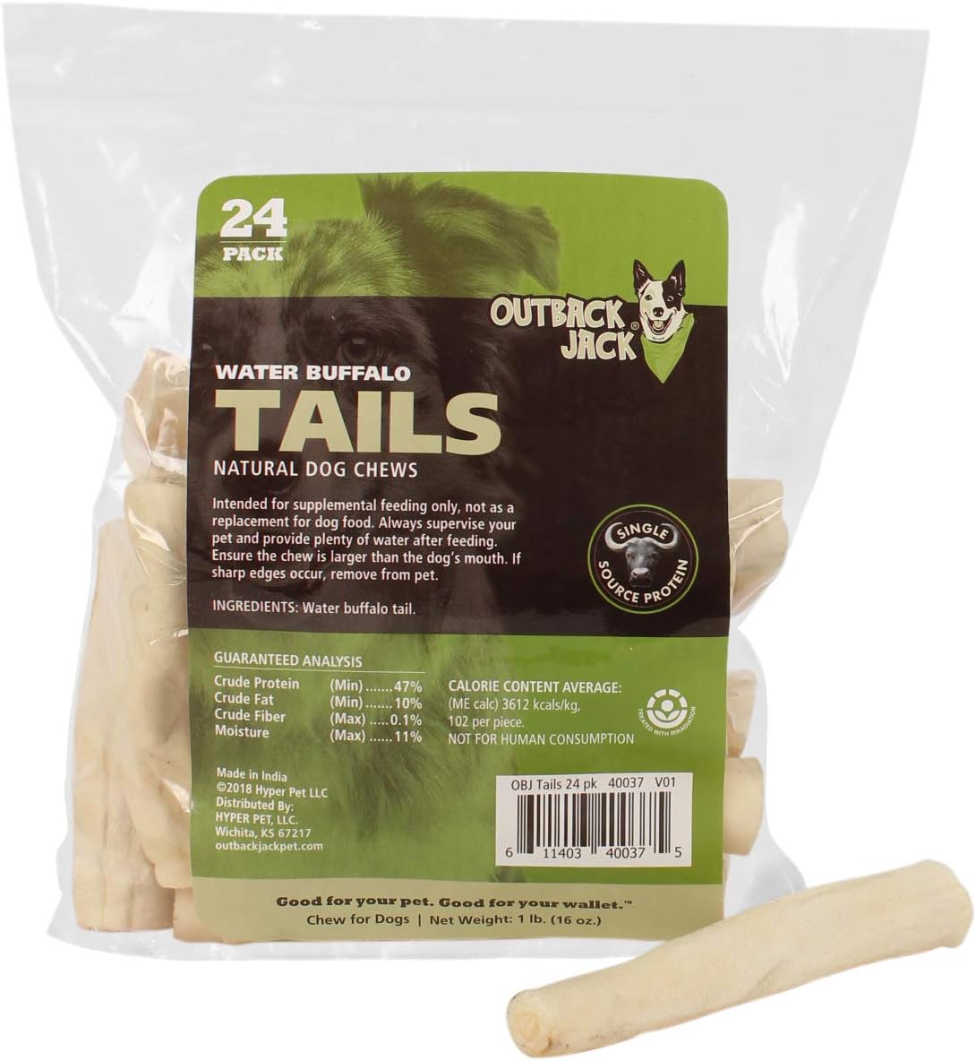 Water Buffalo Tails – Golosinas para perros 100% naturales, 6 pulgadas, 16 onzas