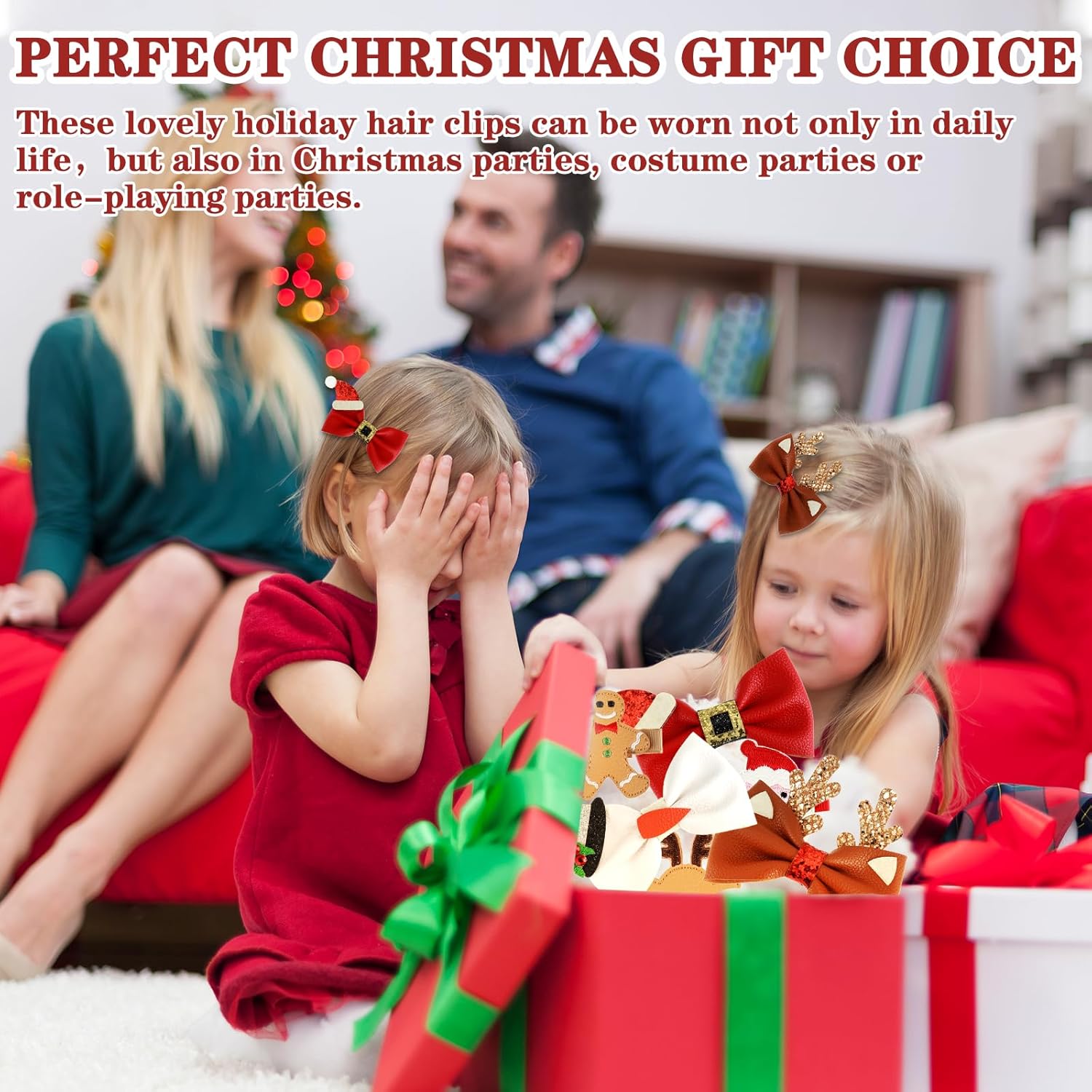 Amaxiu 9 pinzas para el cabello de Navidad, cuernos para sombrero de Navidad, lazos para el cabello, lindos pasadores de pelo de Papá Noel, pan de