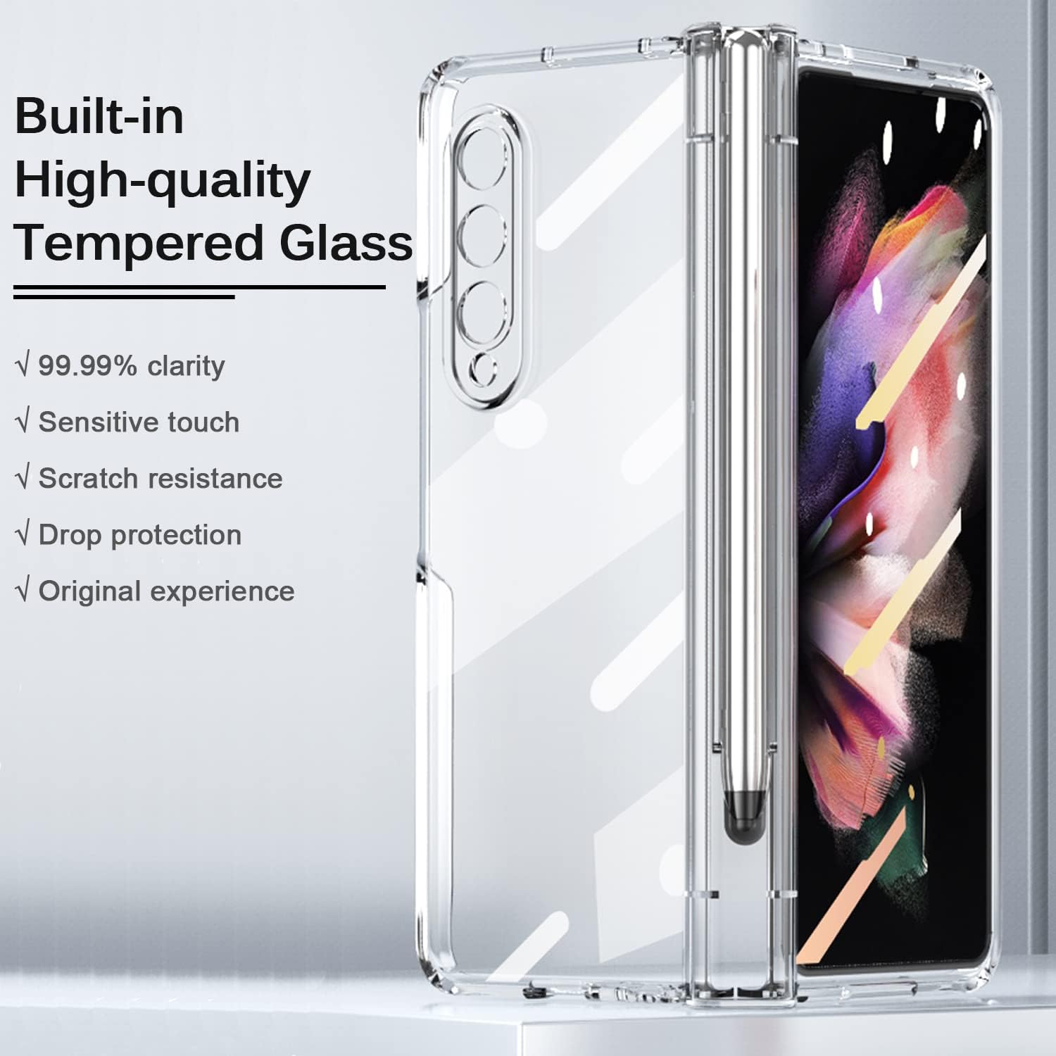 Miimall Funda para Samsung Galaxy Z Fold 3 con bolígrafo, Z Fold 3 con S Pen con soporte para bolígrafo + pantalla de vidrio templado + cubierta de