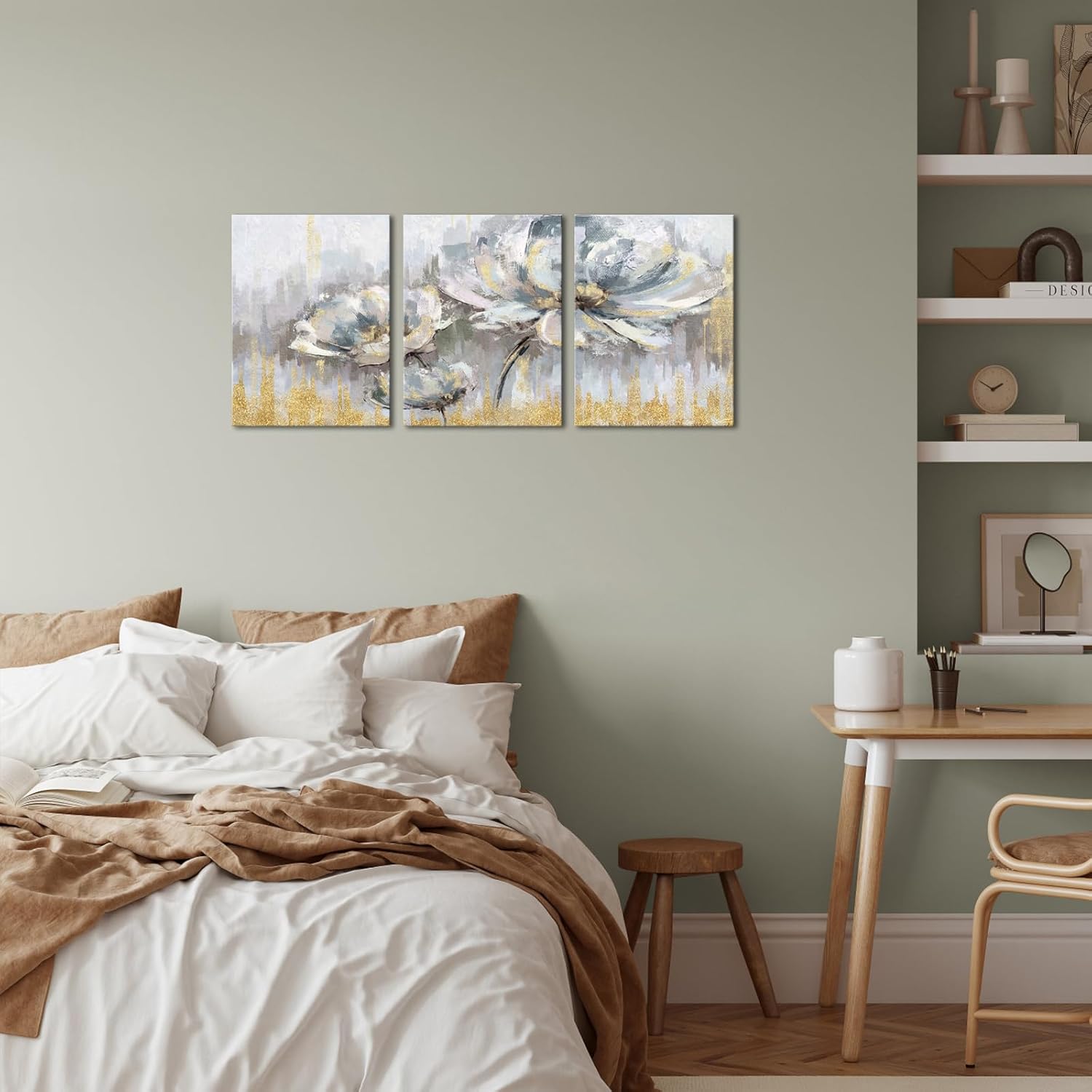 Biuteawal 3 piezas de flores blancas y grises, decoración floral floreciente con pintura dorada, arte de pared, arte abstracto moderno, arte de