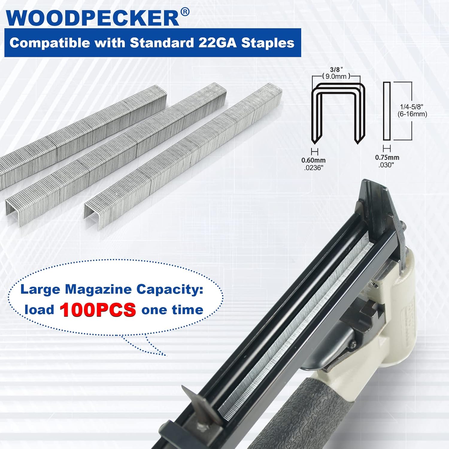 WOODPECKER N7116 – Pistola de grapas de tapicería de calibre 22, 38 pulgadas, grapadora neumática para tapicería, serie 71, pistola de grapadora de
