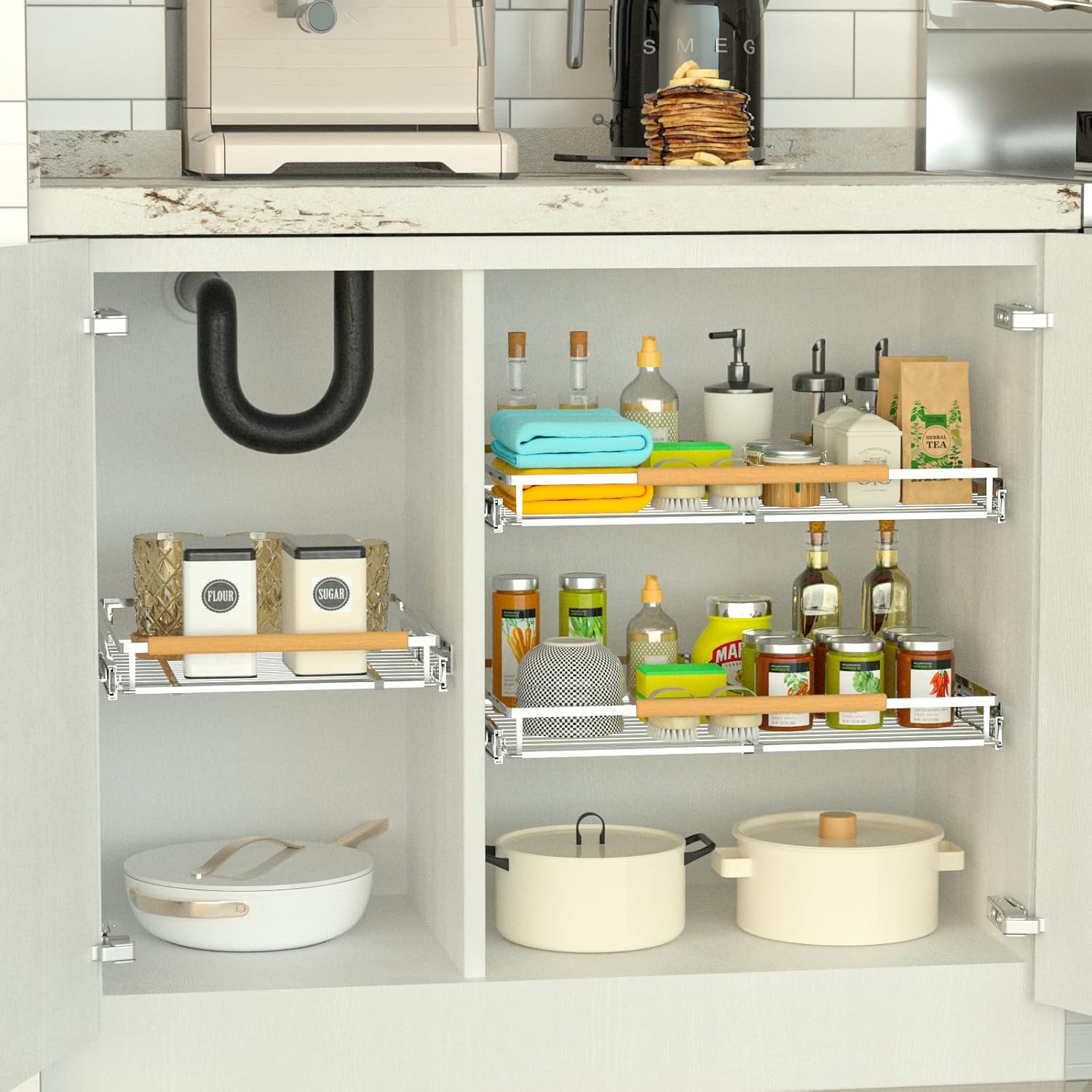 Organizador de cajones extraíble para gabinete de cocina, estantes de almacenamiento de acero inoxidable resistente para debajo del fregadero,