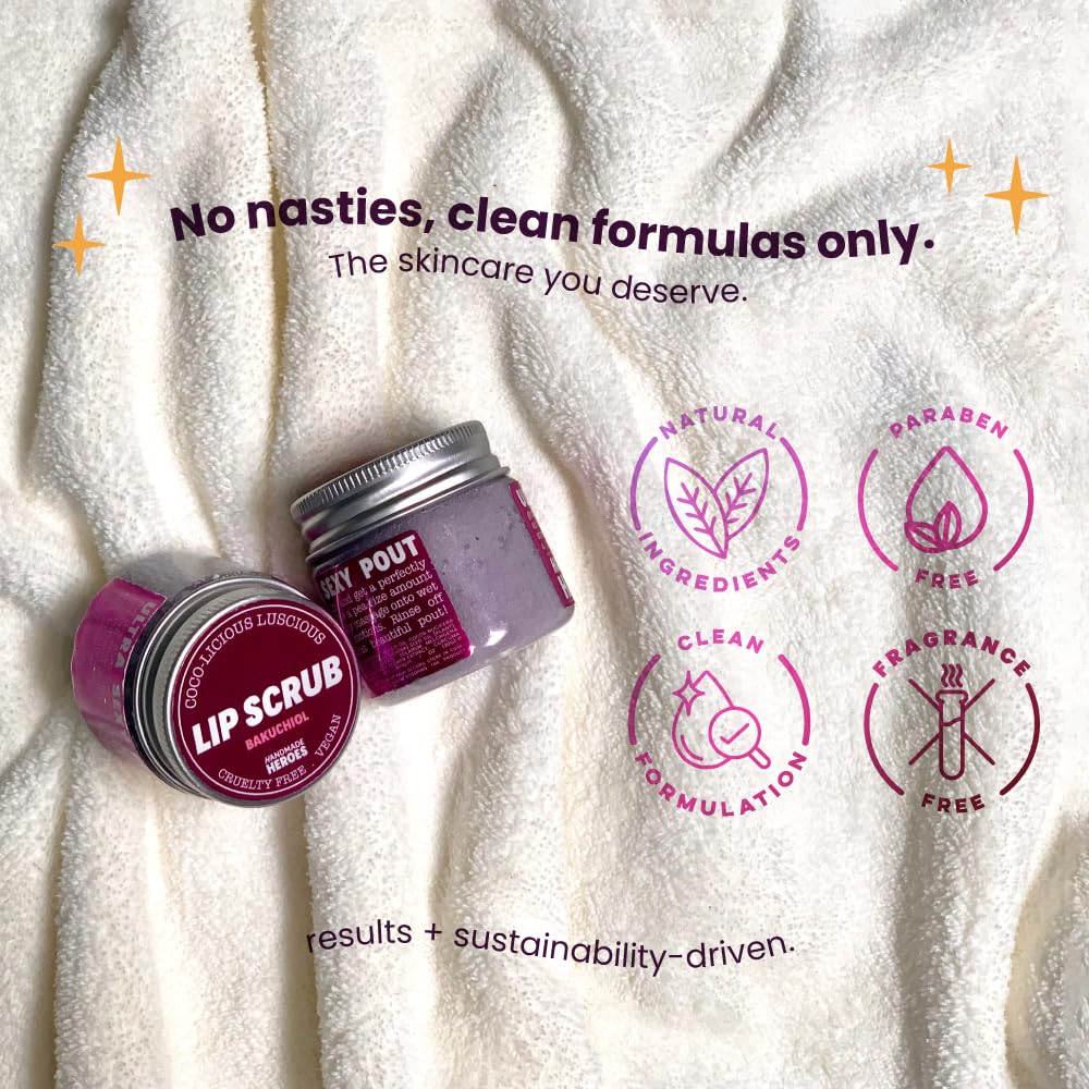 Handmade Heroes Bakuchiol – Exfoliante labial de 1 onza líquida, acondicionador profundo que ayuda a reducir las líneas finas y la apariencia de