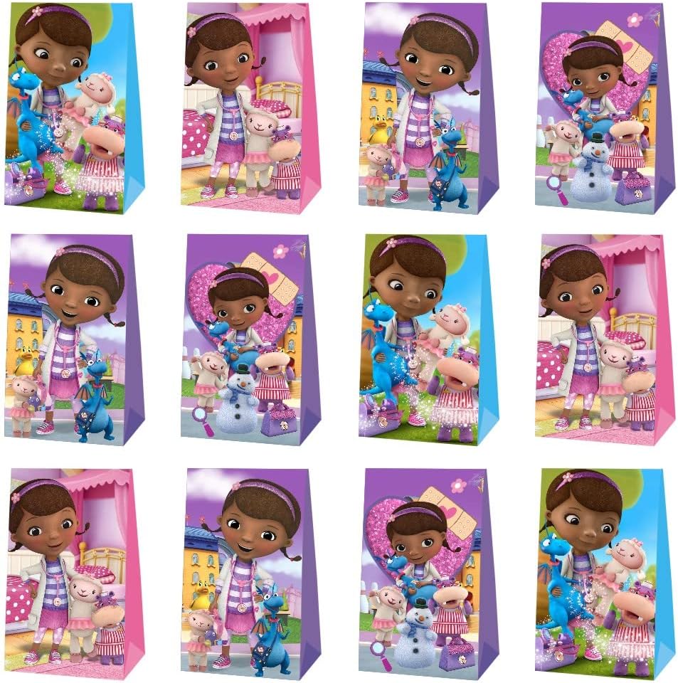 12 bolsas de regalo de fiesta de Doc, bolsas de regalo, suministros de fiesta de cumpleaños de McStuffins para decoraciones de cumpleaños de niñas