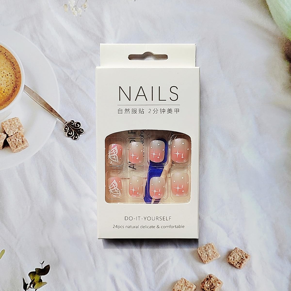 Uñas postizas cortas cuadradas a presión, uñas postizas con pegamento en polvo Aurora, uñas acrílicas con diseños de estrellas de mariposa, uñas