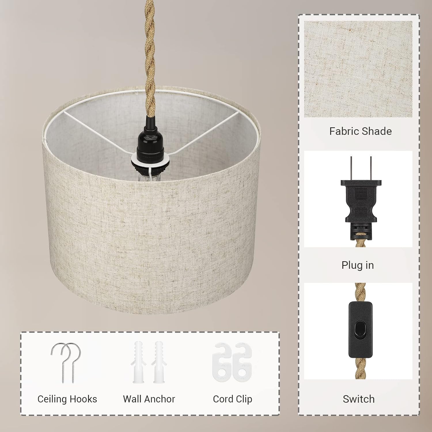 EDISHINE Paquete de 2 lámparas colgantes estilo bohemio enchufables, luces colgantes con cable de cuerda de cáñamo de 15 pies, pantalla de lámpara