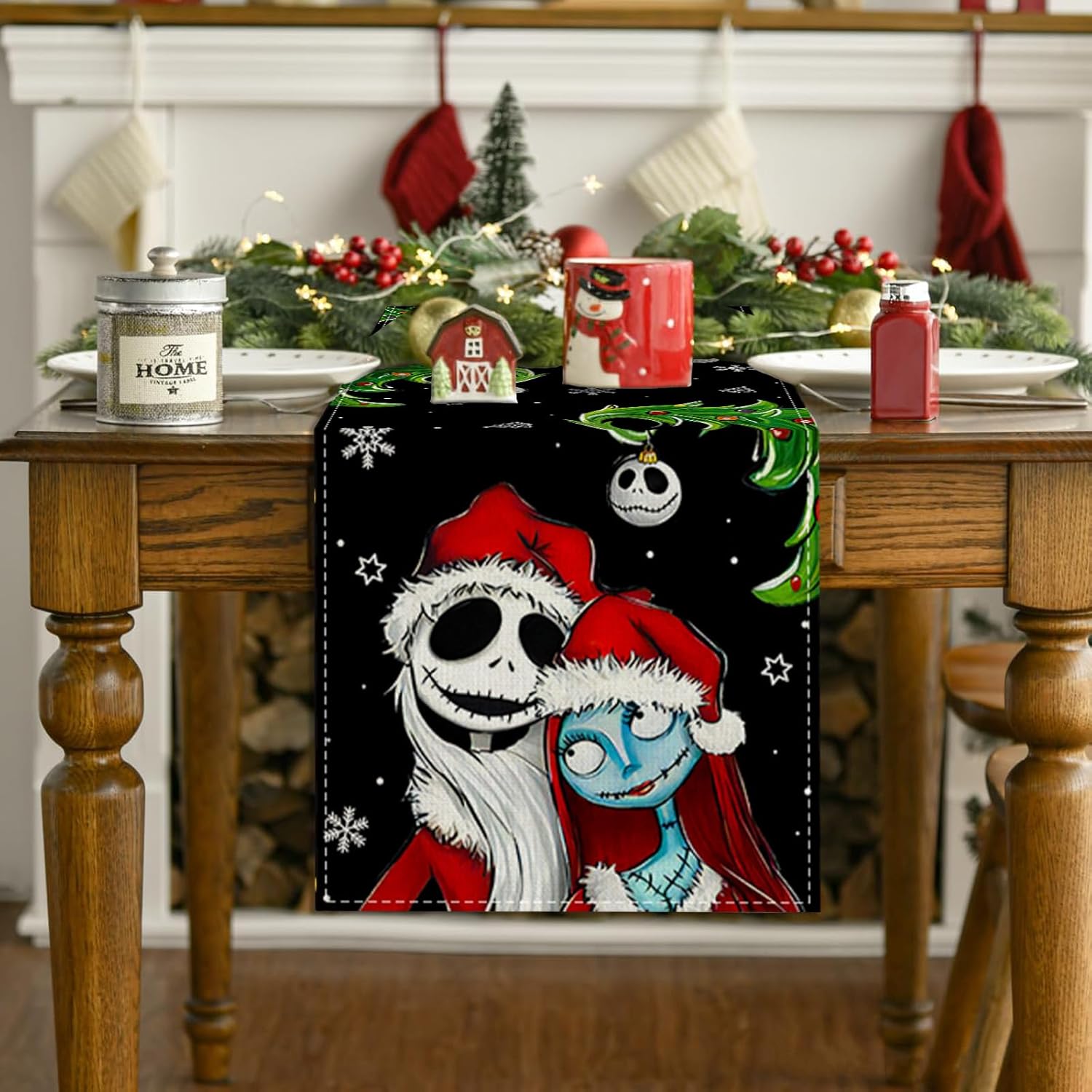 Camino de mesa de Navidad, mantel de Halloween, Pesadilla del antes de Navidad, decoración navideña de Jack y Sally para fiesta en el hogar