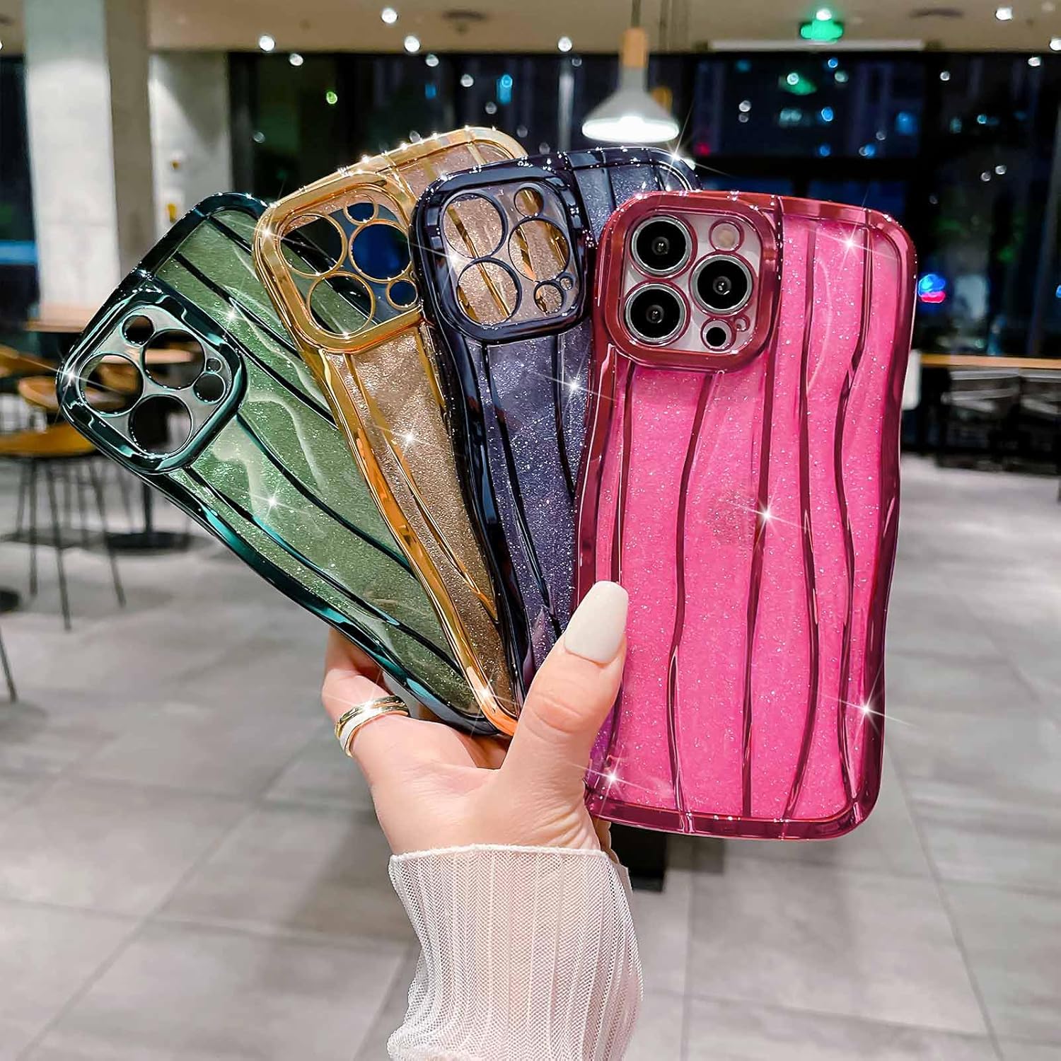 VirgoCCY Funda con purpurina con patrón de ondas de agua para iPhone 13 Pro Max, funda protectora de TPU suave para mujeres y niñas, con marco de
