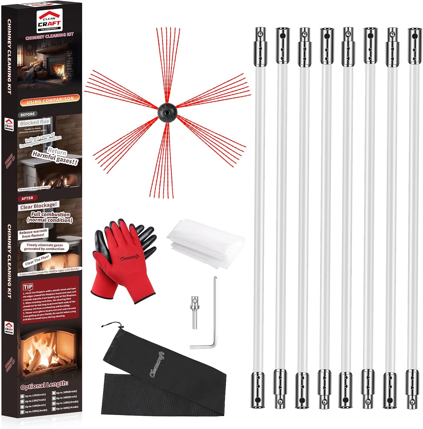Kit de limpieza de chimenea de 39 pies, limpiador ergonómico de chimenea, sistema de limpieza de chimenea giratorio impulsado por taladro, cepillo