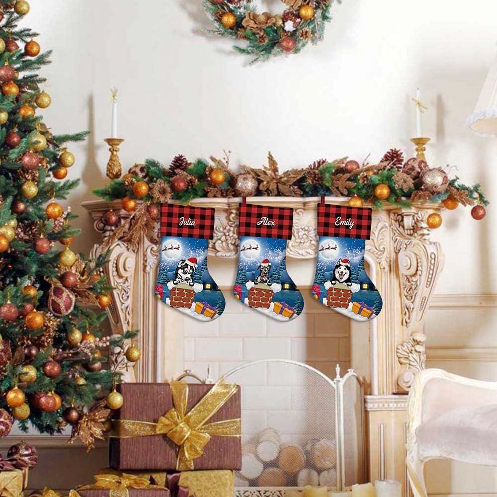 MALIHONG Paquete de 1 calcetín personalizado de Navidad a cuadros de búfalo rojo con encantador perro, husky siberiano, copo de nieve, decoración