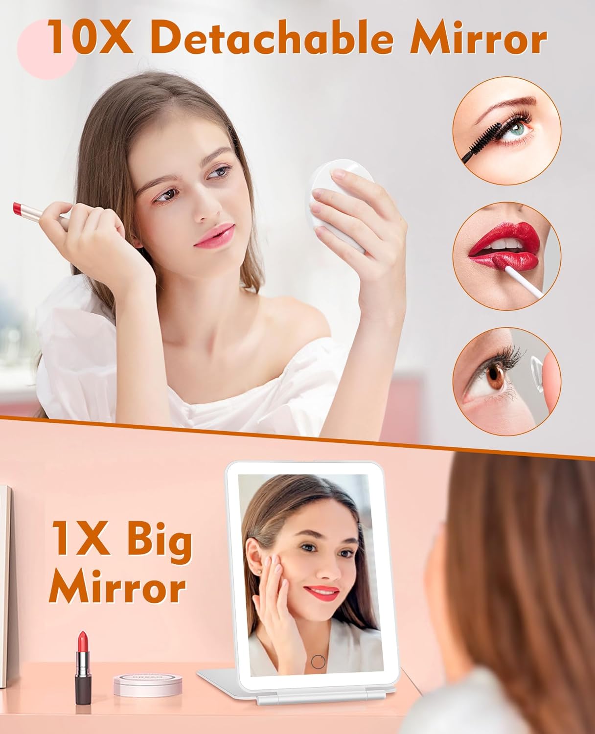FUNTOUCH Espejo de maquillaje de viaje recargable con luces y espejo de aumento de 10X, espejo de tocador iluminado portátil con 80 LED, batería de