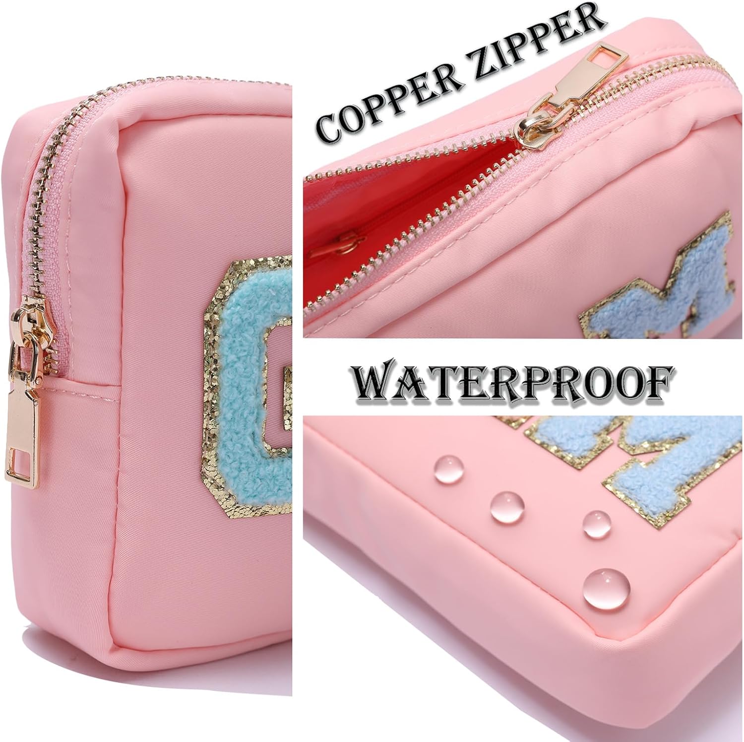 Preppy Patch – Bolsas de maquillaje con letras con purpurina, bolsa de cosméticos de viaje, bolsa de nailon impermeable para mujeres y niñas,