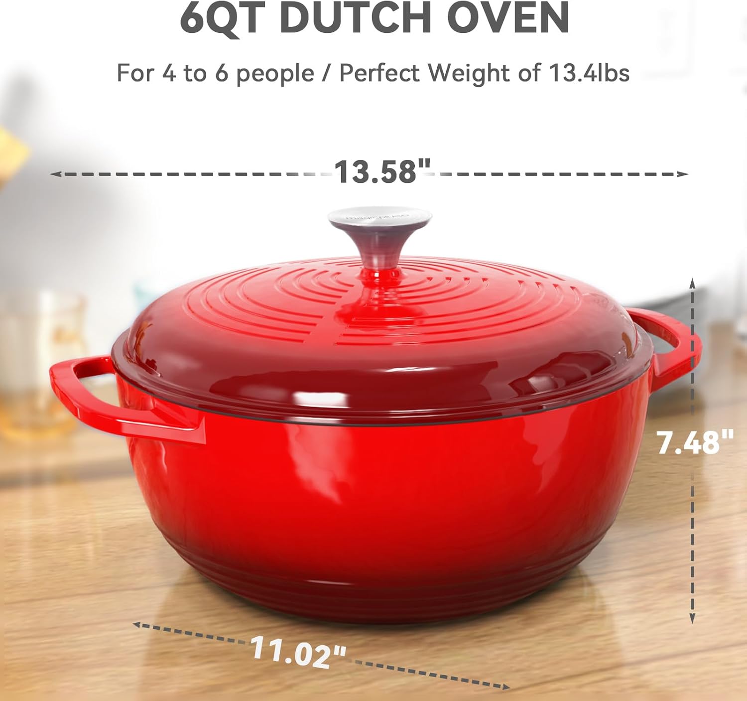 Olla de horno holandés con tapa, horno holandés de hierro fundido esmaltado, 6 cuartos de galón, olla de hierro fundido para cocinar, color rojo