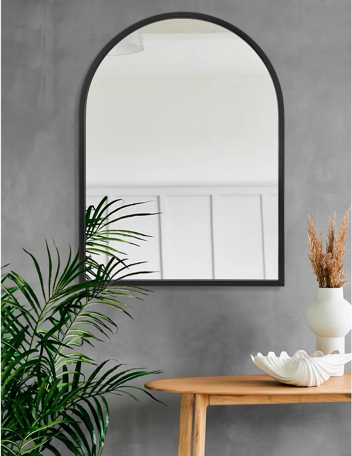 Espejo de pared de arco de 28 x 20 pulgadas, espejo grande de baño negro con marco de metal para pared, decoración de tocador, dormitorio, entrada,