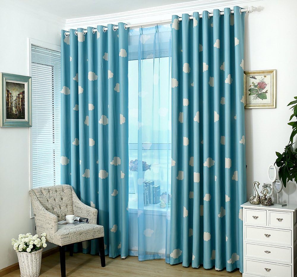 GYROHOME Cortina de nube azul y blanca con ojales en la parte superior, aislamiento térmico, oscurecimiento de habitación, ahorro de ruido,