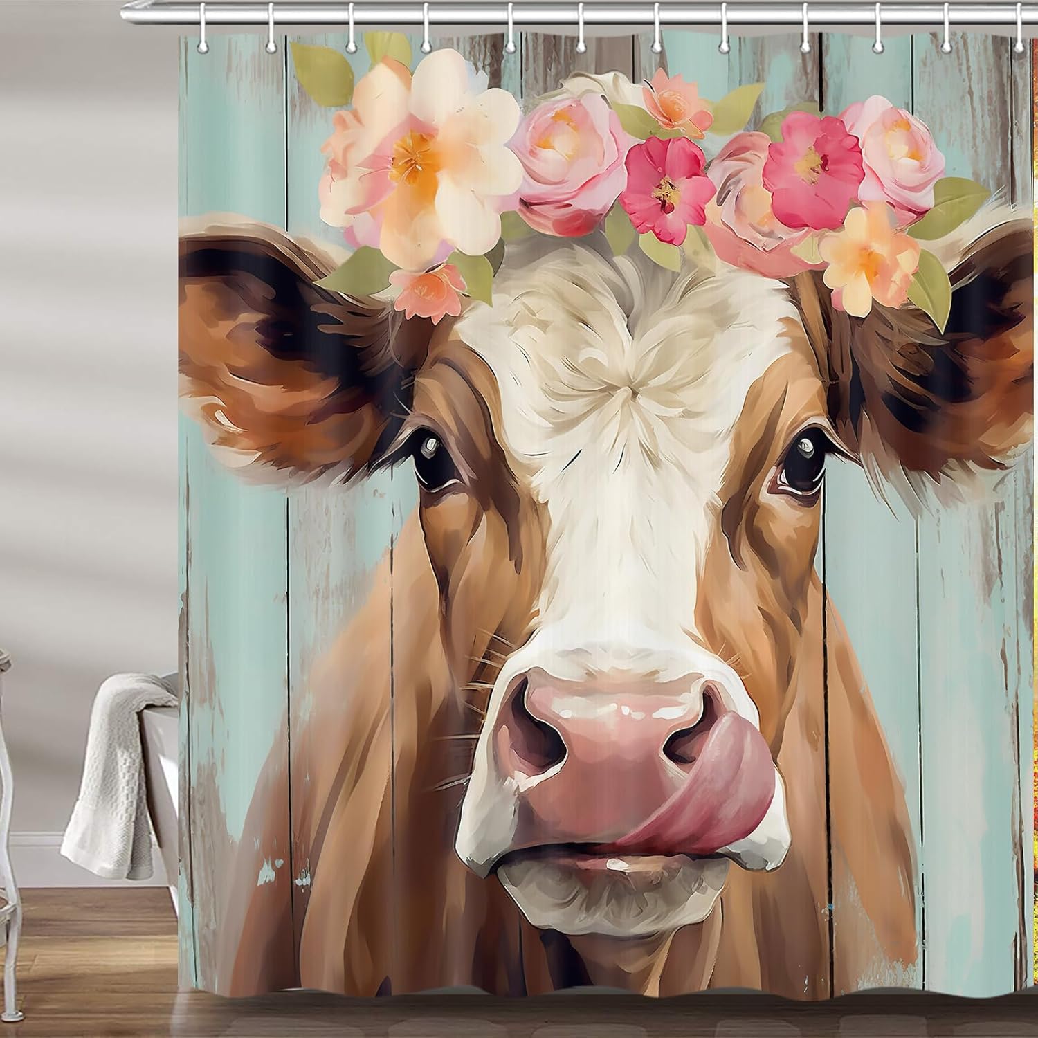 JAWO Cortina de ducha de vaca de granja para baño, bonito juego de cortinas de ducha de tela de granja rústica sobre madera, divertidos accesorios