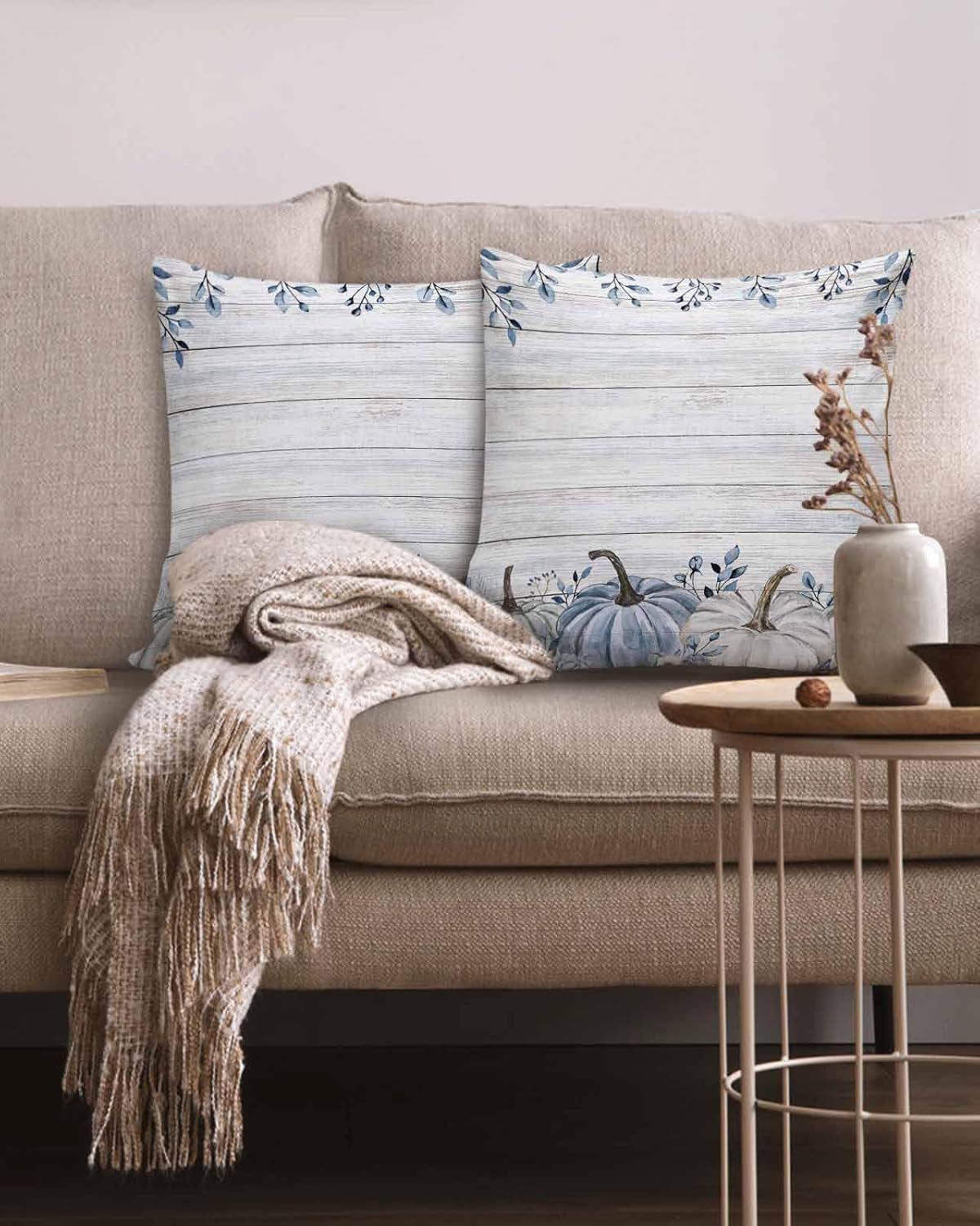 Cotton Throw Pillow Covers Reversible Set of 2, Pumpkin Blue Tree Leaves Floral Fall Soft Couch Pillow Covers for Sofa Bedroom Living Room 18 x 18