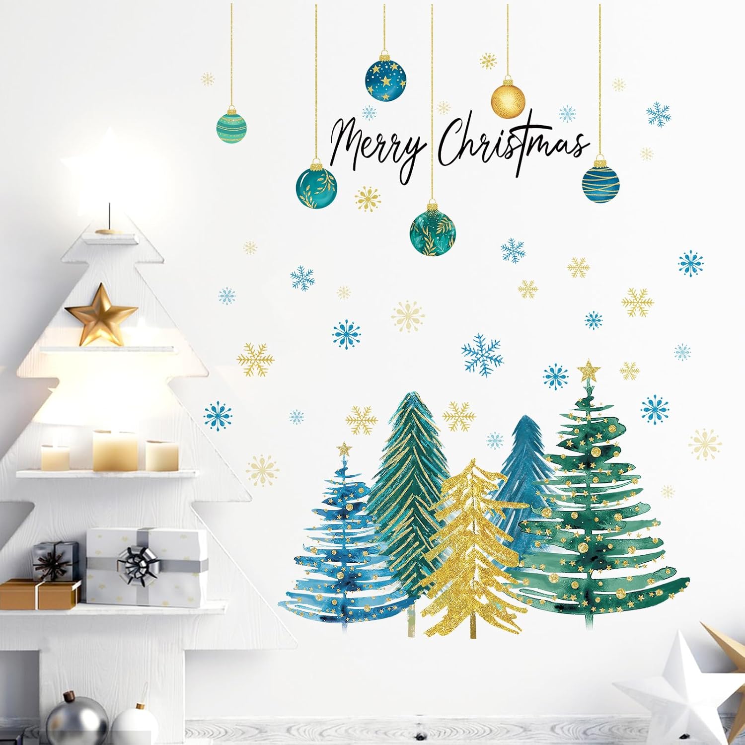 Yovkky Calcomanías de pared con diseño de árbol de Navidad, bola de Navidad de Año Nuevo, copo de nieve, estrella, decoración de dormitorio,