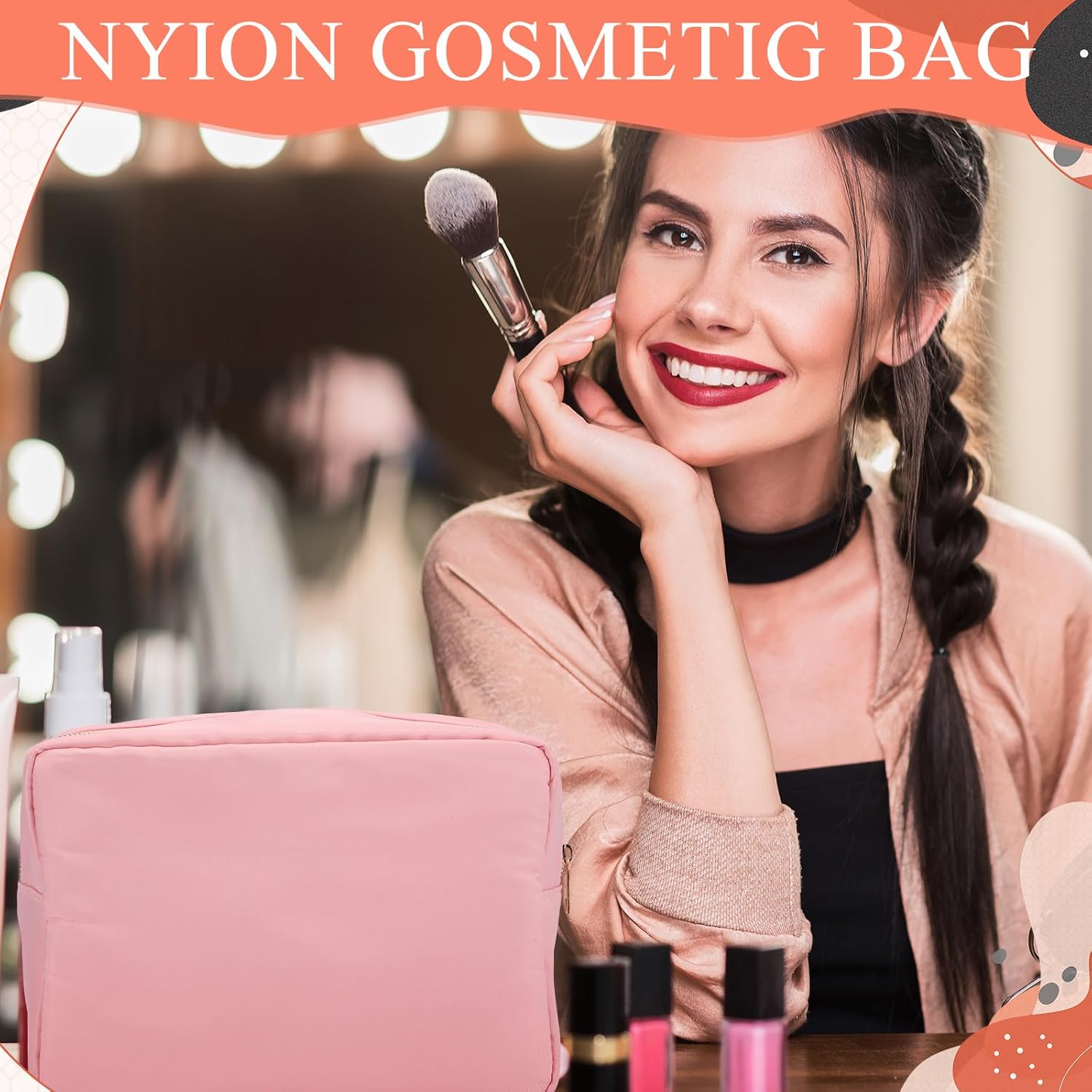 6 bolsas de cosméticos extra grandes de nailon con cremallera para lápices, artículos de tocador, bolsa de viaje, bolsa de viaje para mujer, Rosado