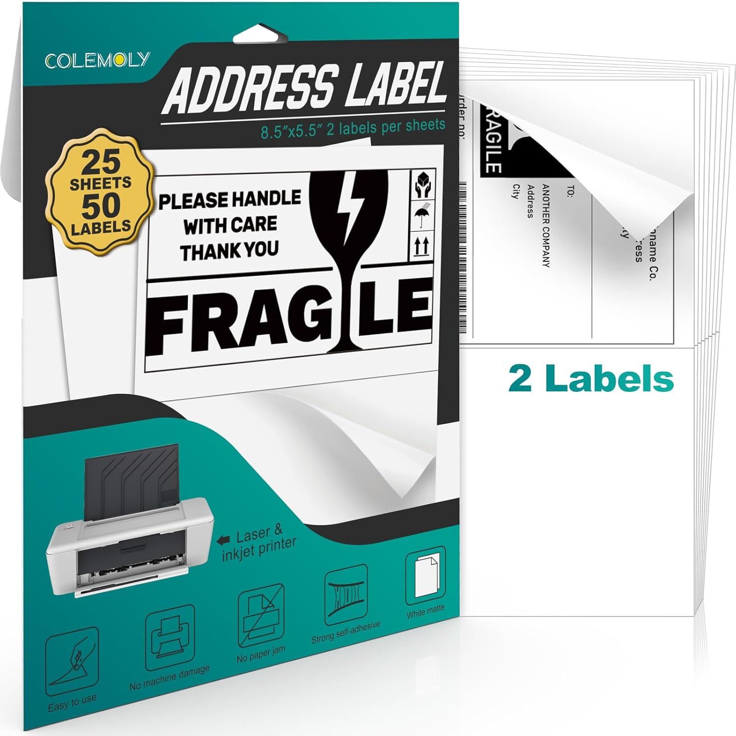 Etiquetas adhesivas de 8.5 x 5.5 pulgadas para impresoras de inyección de tinta y láser, 25 hojas (2 etiquetas por) 50 etiquetas en blanco mate,