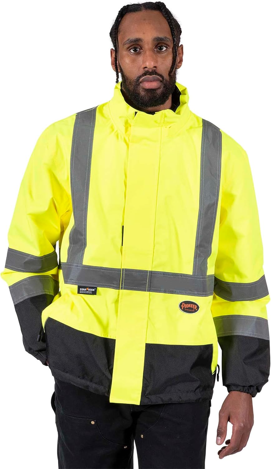 Pioneer Chaqueta de seguridad reversible – Chaqueta impermeable transpirable para hombre y mujer – Amarillo de alta visibilidad – Cinta reflectante