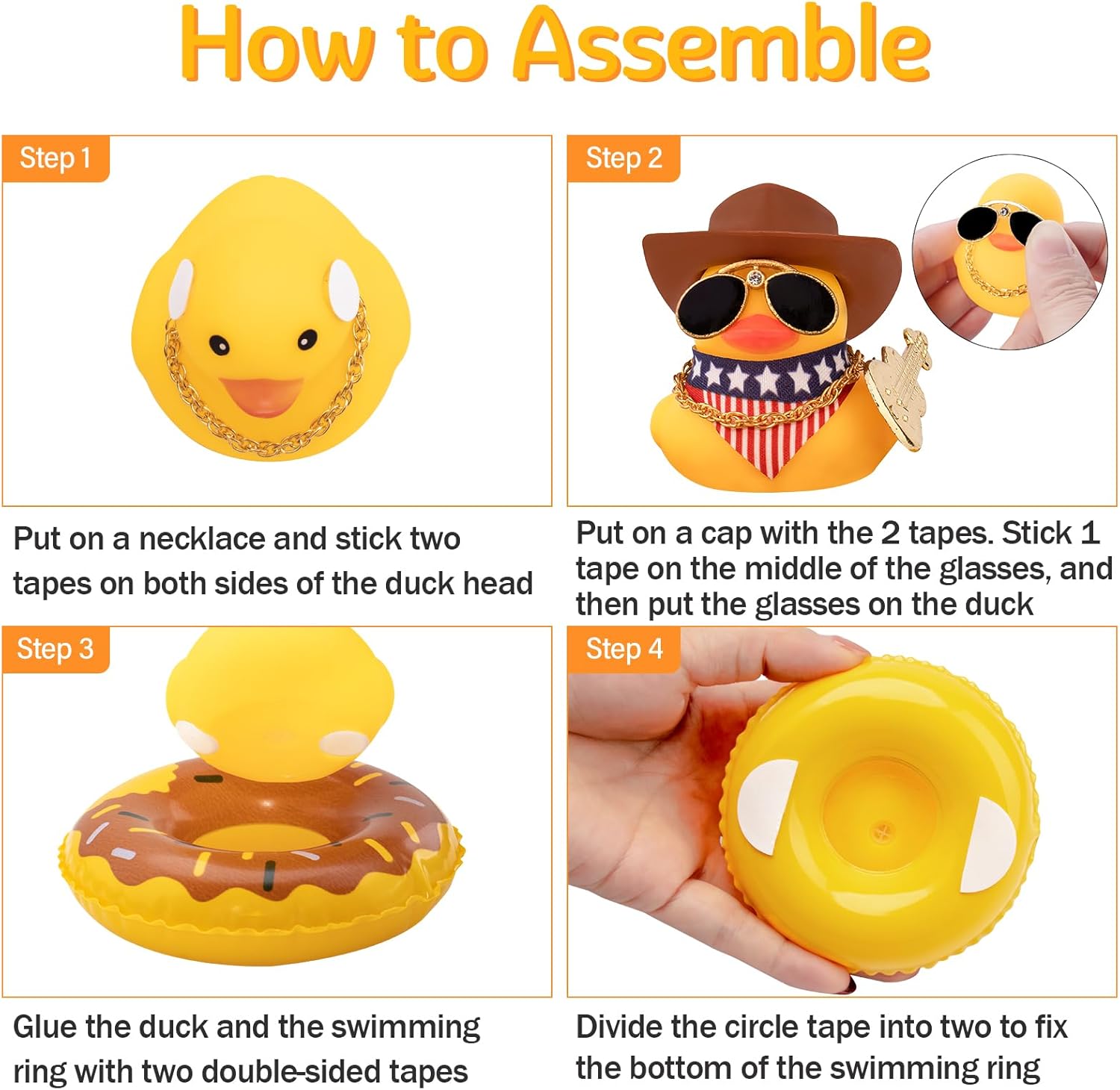 wonuu Adorno de pato para automóvil, accesorios de goma con lentes de sol, sombrero, collar, anillo de natación y mini instrumentos musicales,