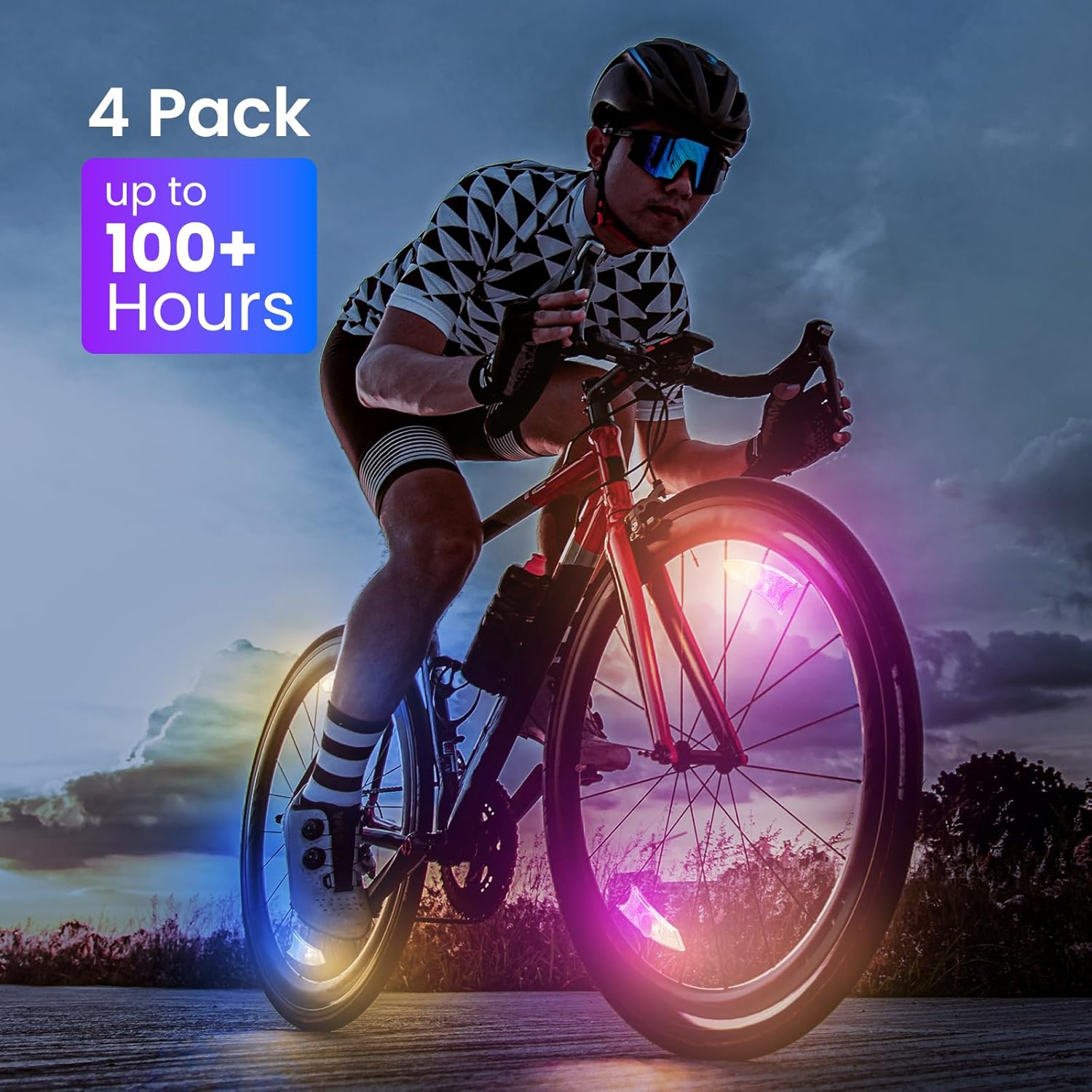 Paquete de 4 luces LED para rueda de bicicleta, luces ultra brillantes para radios de bicicleta, IPX5 impermeable, luz de bicicleta de color con