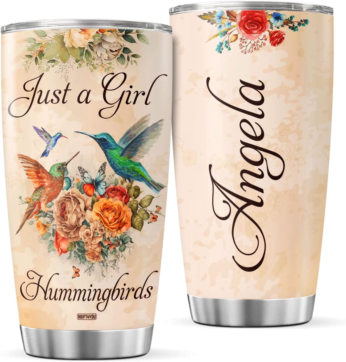 9GIFT4YOU Vaso de café personalizado con diseño de flores de colibrí, taza de viaje con tapa, regalos de cumpleaños para mujeres, adolescentes y