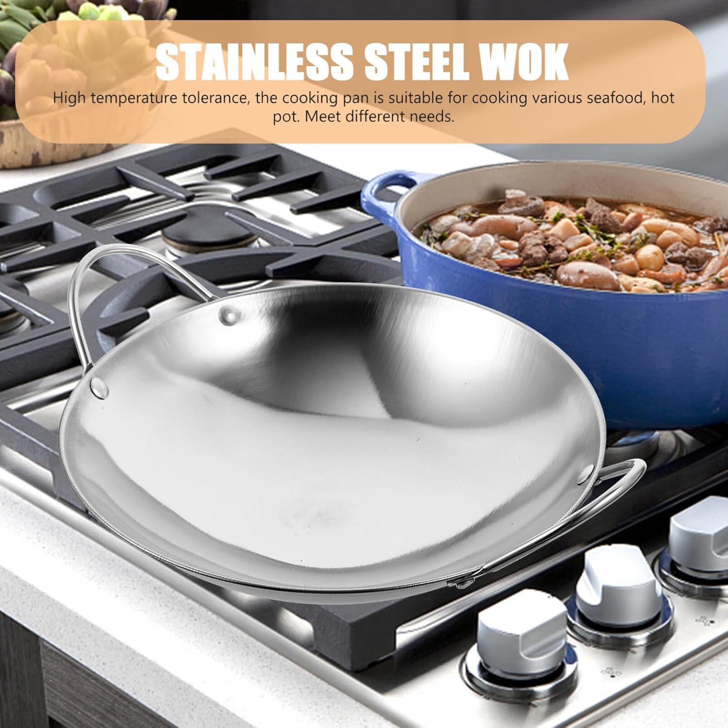 Kichvoe Wok Sartenes de acero inoxidable para freír Pow Stir Fry 2 piezas de fondo plano para uso diario con doble asa olla de cocina para placa de