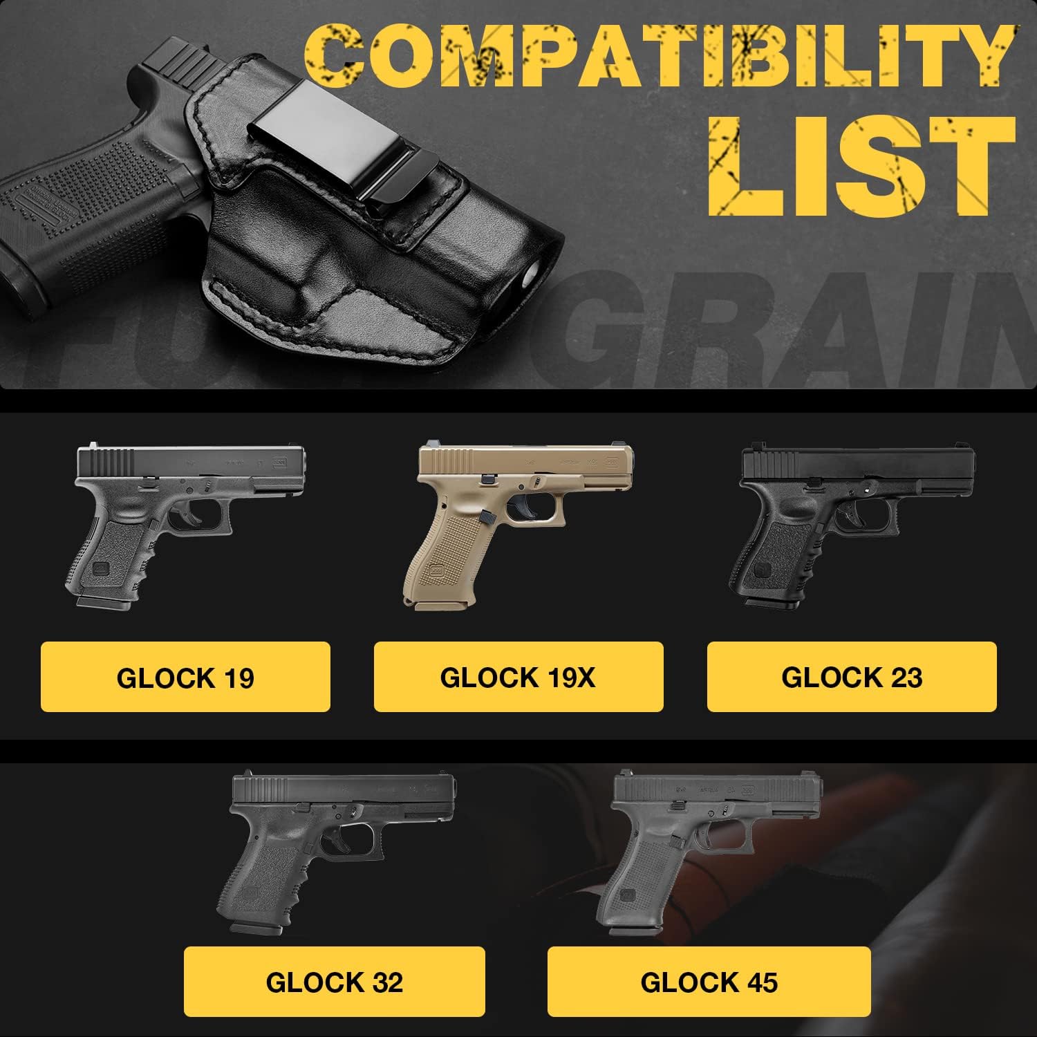 Funda de cuero hecha a mano para Glock 1919X233245, cintura interior oculta, funda IWB para G19 (Gen 345), mano derecha, funda de cuero de grano