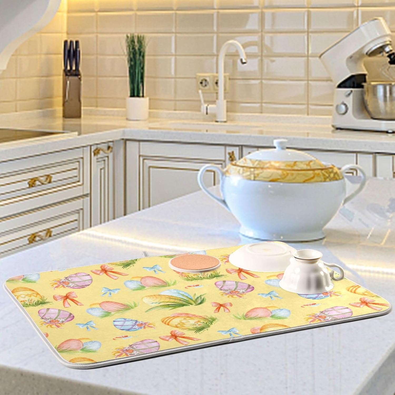 Colorful Easter Eggs Drying Dish Mat Washnable Absorbent Kitchen Counter Mat Kitchen Countertop Decor Tapete Para Cocina 16” x 18”