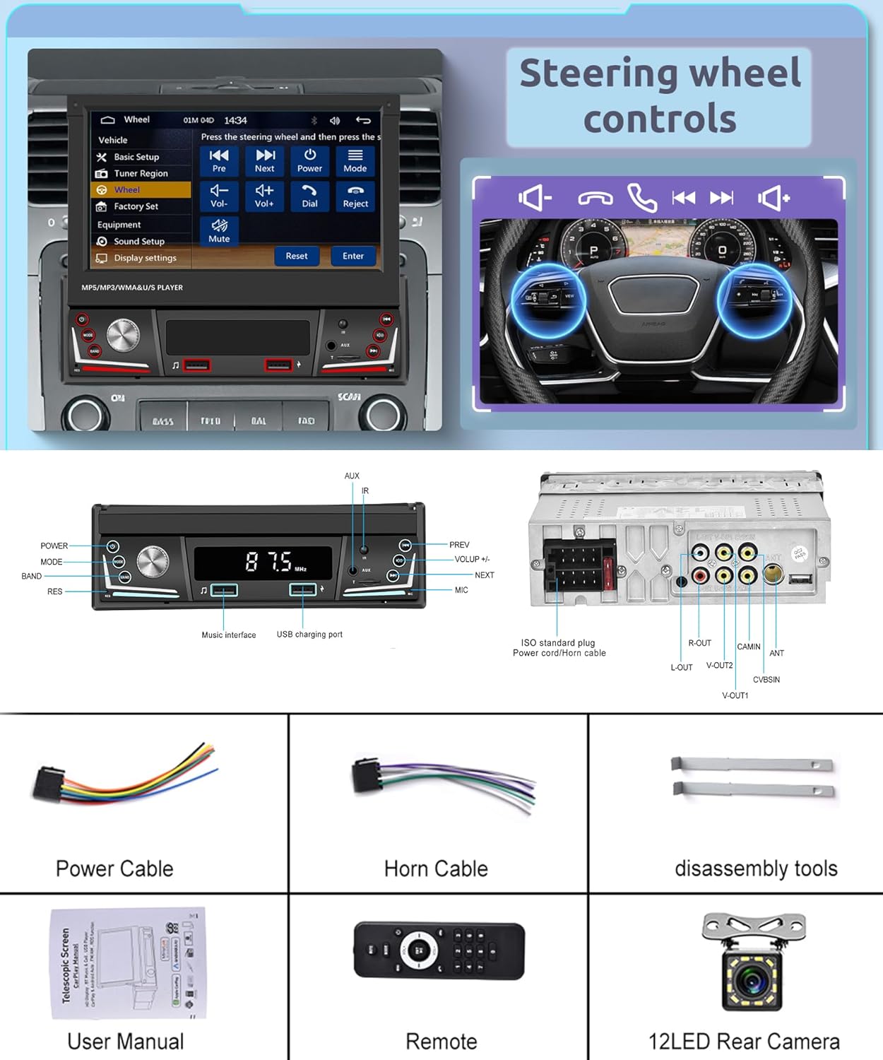 Rimoody 1 DIN – Pantalla táctil abatible con pantalla táctil inalámbrica Apple CarPlay, Rimoody 1 DIN 7 pulgadas radio de coche con Bluetooth FM