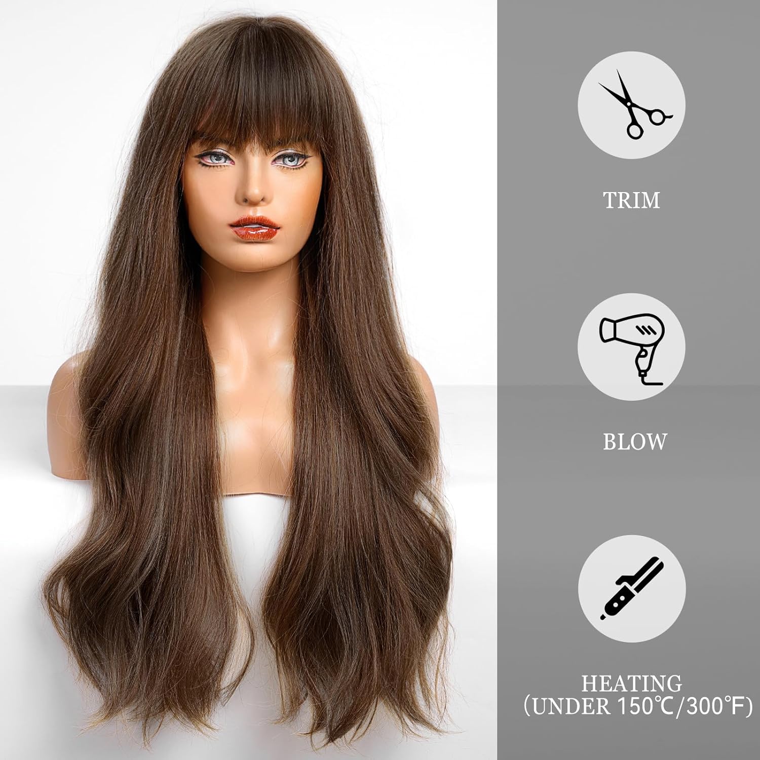 HAIRCUBE Peluca marrón con flequillo para mujer, peluca de cabello largo ondulado marrón, peluca sintética rizada para niñas, uso diario en fiestas