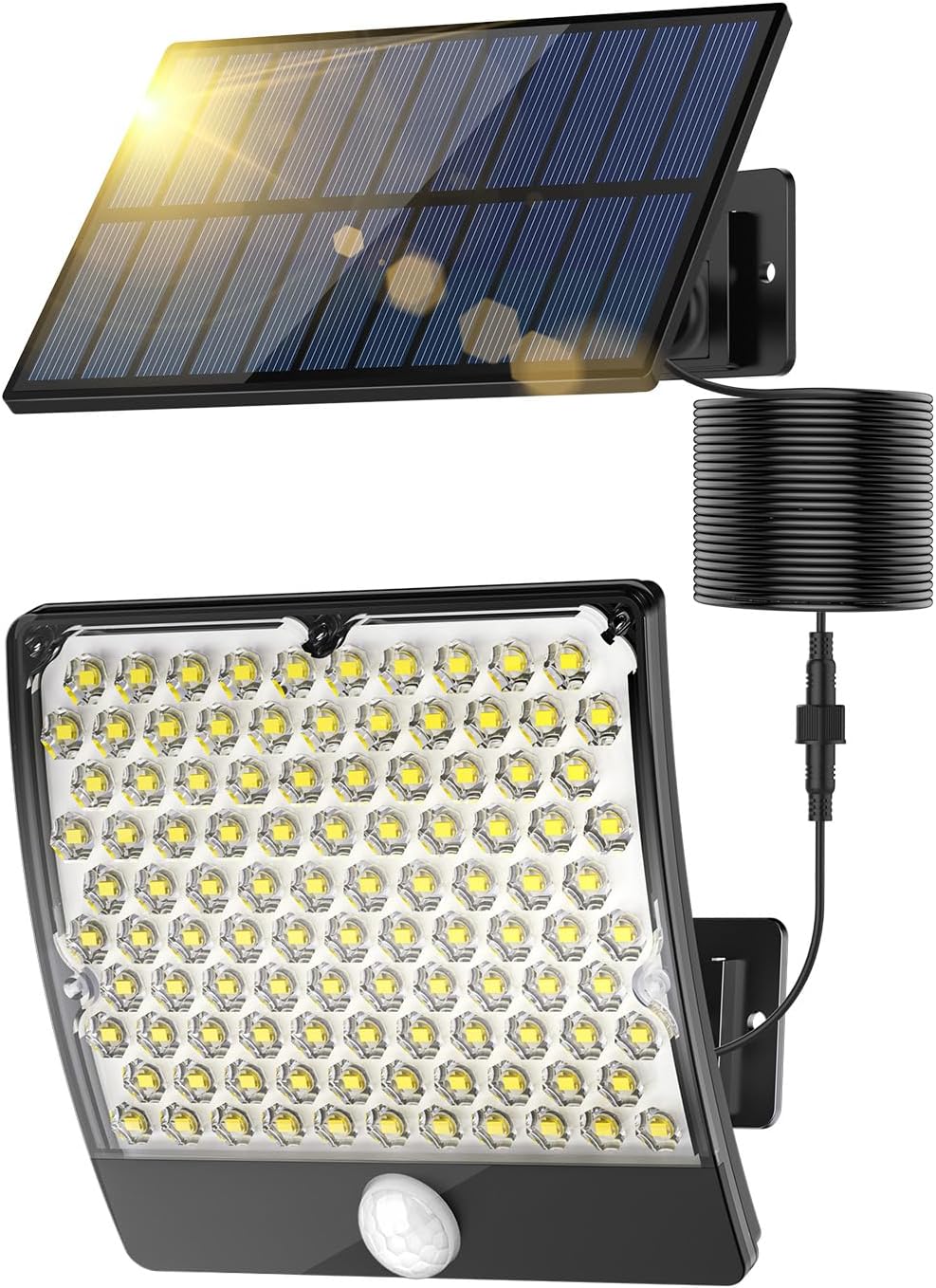Luces solares para exteriores, 105 luces LED solares con sensor de movimiento, IP65 impermeable, ilumina tu noche para puerta delantera, cobertizo,