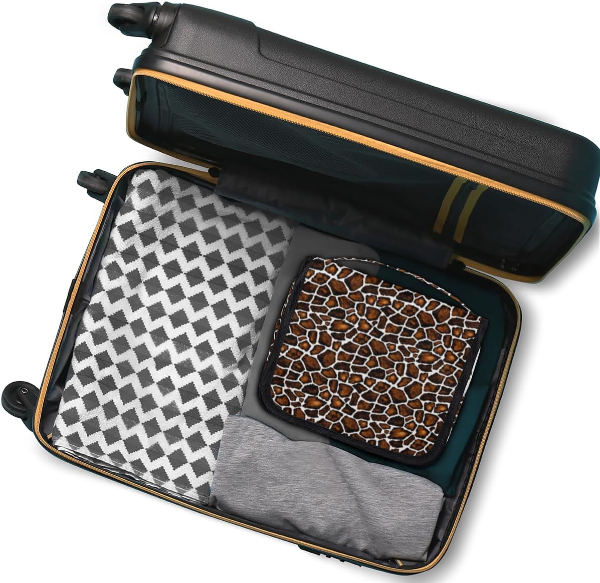 Neceser vintage de piel de jirafa para mujer, organizador de maquillaje de viaje con gancho para colgar, bolsas de cosméticos de viaje para