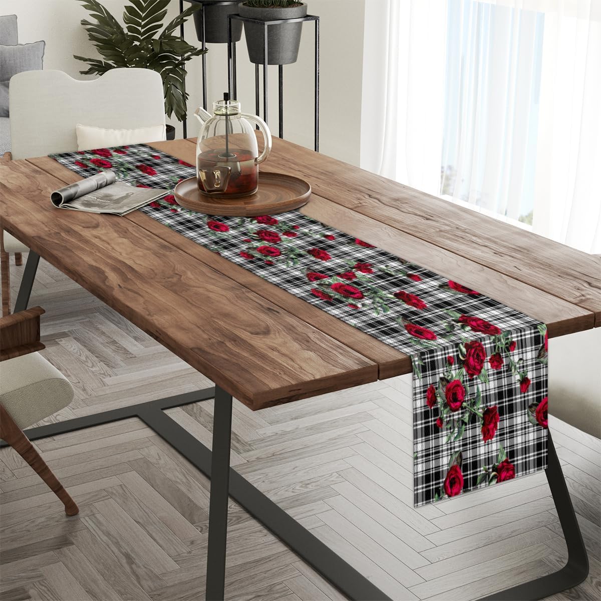 Table Runner Rose Black Plaid Background, Autumn Rustic Linen Table Cloth Kitchen Dining Table Decor for Home Party 13 x 72 Inches