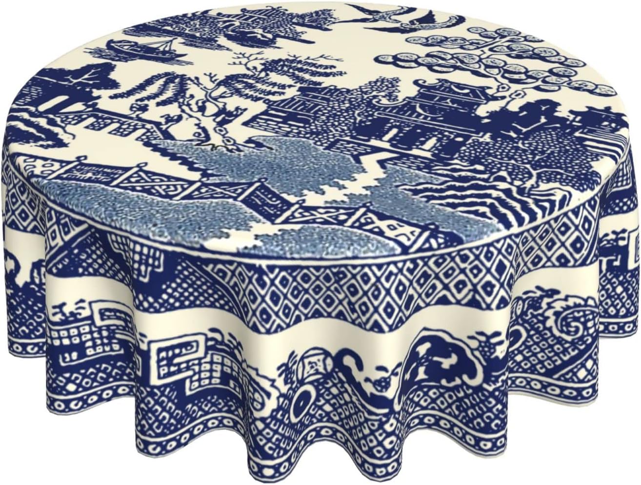Mantel redondo de 50 pulgadas, resistente, reutilizable, lavable, estilo oriental, azul chino, sauce, mantel redondo para comedor, cocina, fiestas