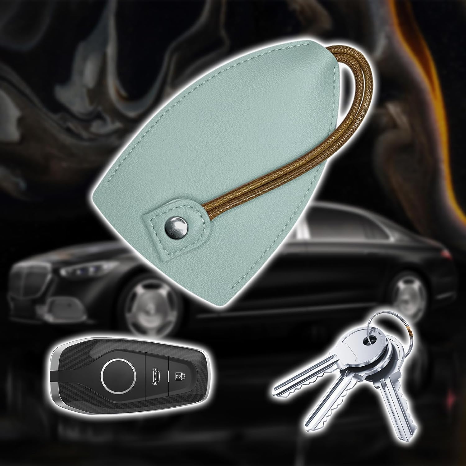 Funda creativa extraíble para llaves, funda de cuero de gran capacidad, llavero de automóvil, lindo protector, Azul Niebla