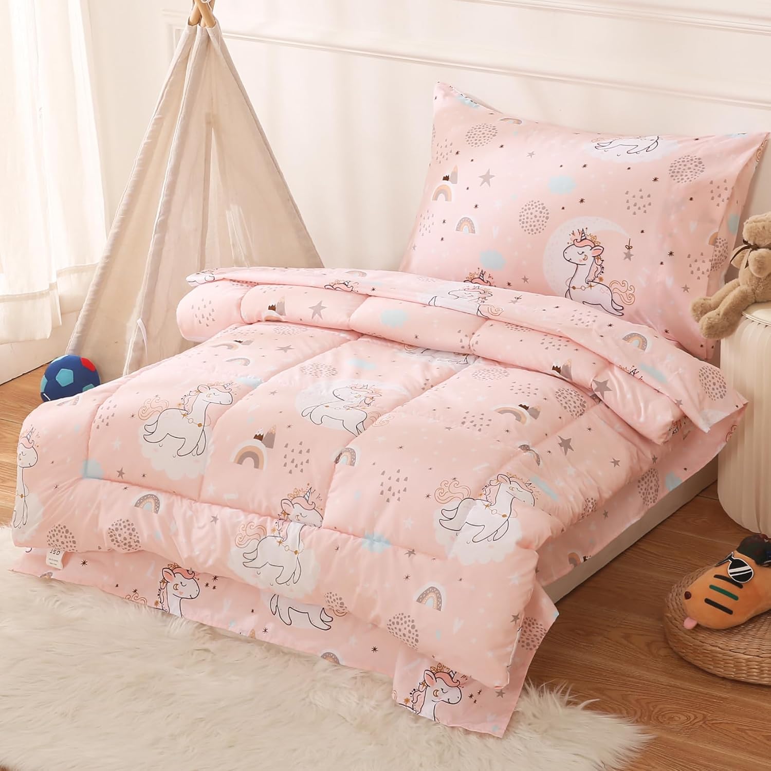 JSD Juego de ropa de cama infantil de 4 piezas de unicornio rosa, juego de edredón de microfibra con estampado de niñas, incluye sábana encimera,