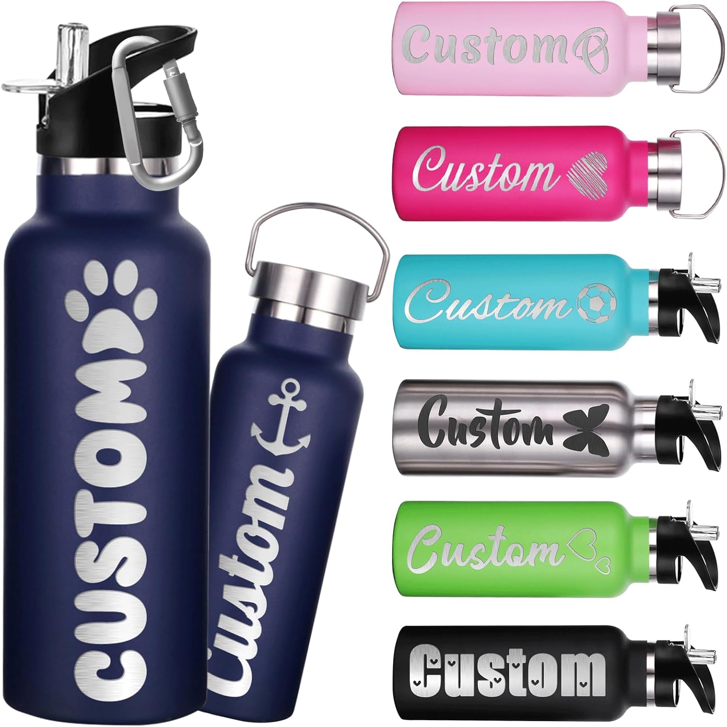 Botellas de agua personalizadas de 12 onzas, botella de agua de acero inoxidable personalizada con tapa con pajilla, botellas de doble pared