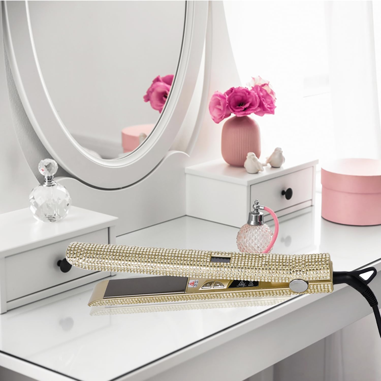 Plancha de pelo con diamantes de imitación, plancha de pelo profesional de diamante con alta temperatura de 480 F, planchas planas de nano-titanio,